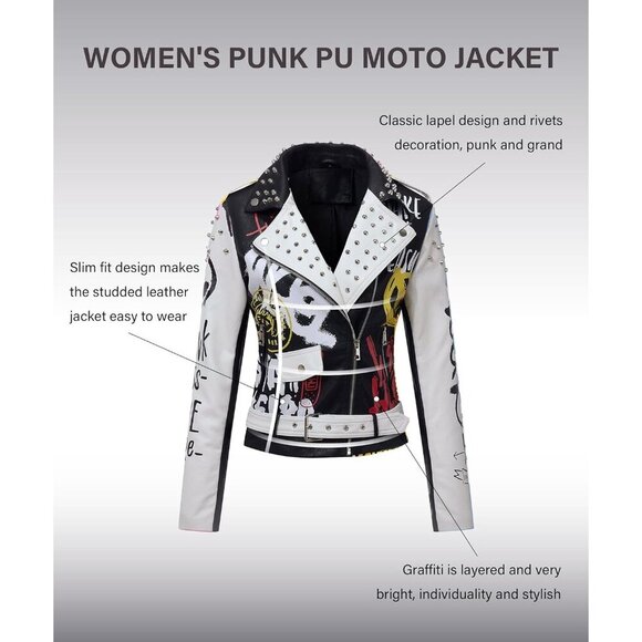🆕 Women White Trendy Faux Leather Jacket Rivet Spring Winter Fashion Clothes - Picture 3 of 6